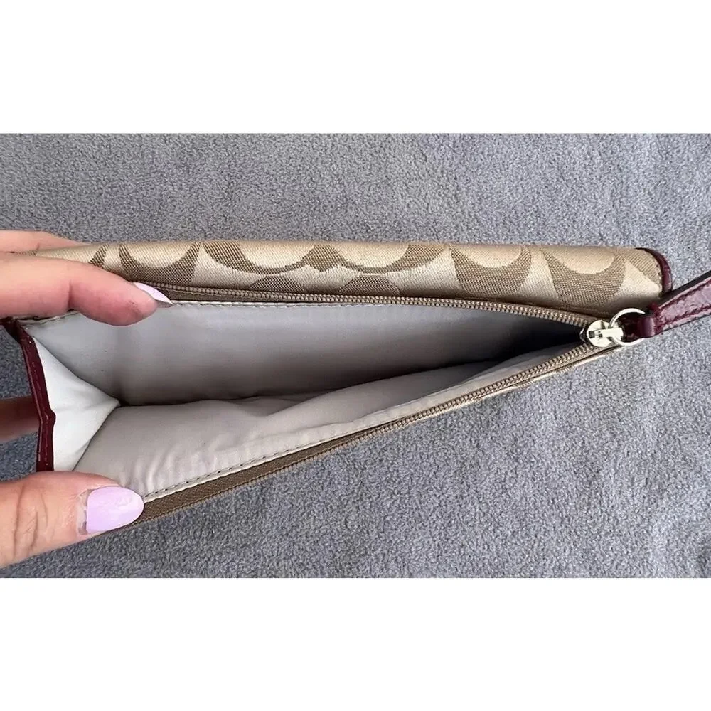 Coach Alexandra Signature C Jacquard Wallet Tan Burgundy Long Snap Closure